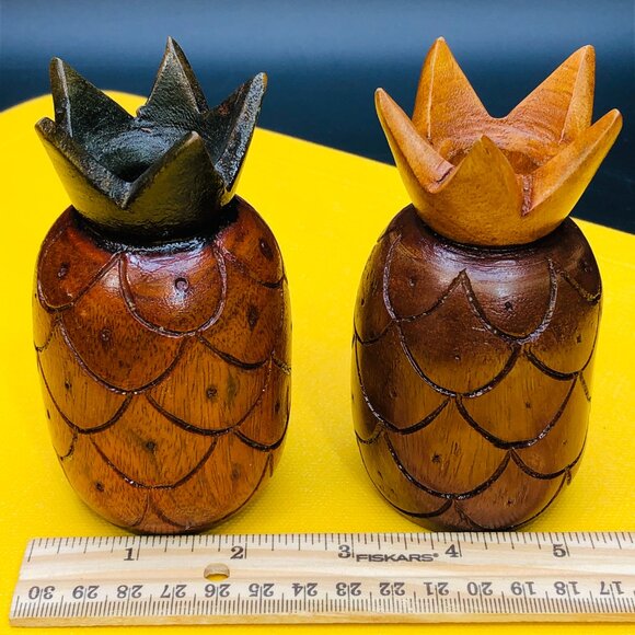 Vintage Wooden Pineapple Fruit Candleholder PAIR Tropical Tiki Bar Room Decor - Picture 9 of 10